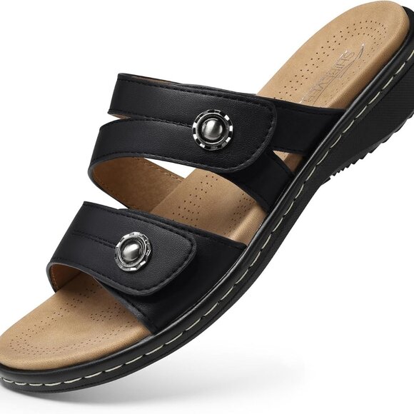 Women Leather Flat Sandals Non Slip Arch Support Orthopedic Comfort Casual - Picture 1 of 6